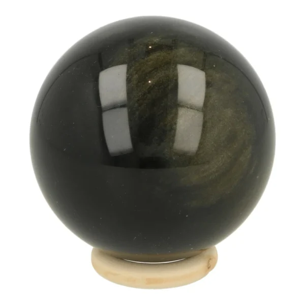 Fraaie goudglans obsidiaan bol met diameter van 64mm op houten ring