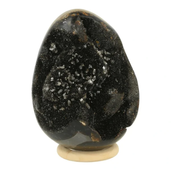Fraai zwarte met geel septarie ei met mooie kristallen en 11cm hoog