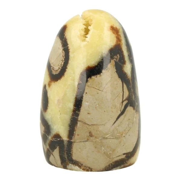 Frisse septarie vrije vorm van 98mm hoog met natuurlijke holte met gele calciet kristallen