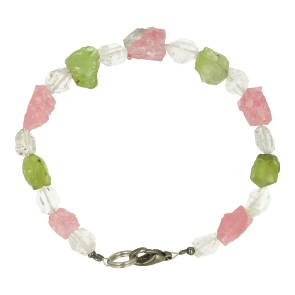 Fijne high energy armband met herkimer diamond, peridoot en roze toermalijn en passend bij een polsomtrek tot 16,5cm