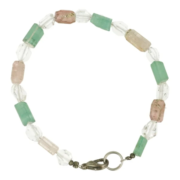 Unieke High Energy armband nr3 met blauwe toermalijn, roze toermalijn en Pakistaanse Herkimer diamonds en passend bij een polsomtrek tot 18cm