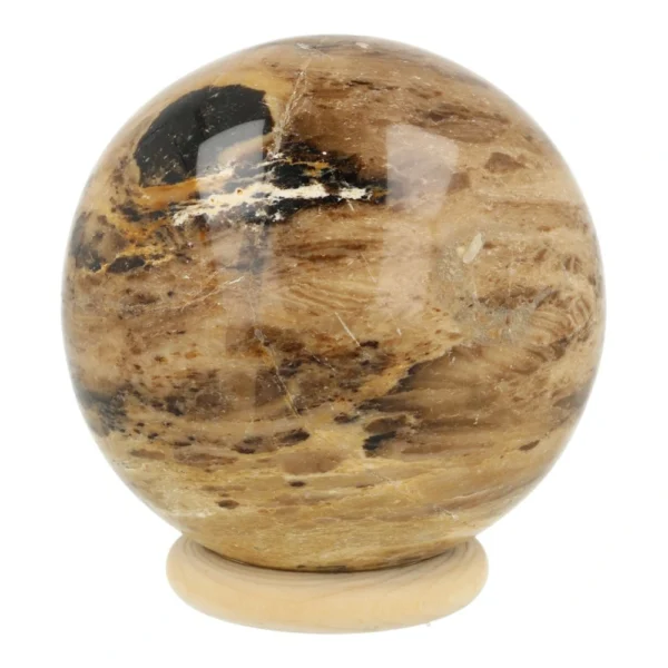 Fraai getekende zwarte opaal bol met diameter van 94mm op houten ring