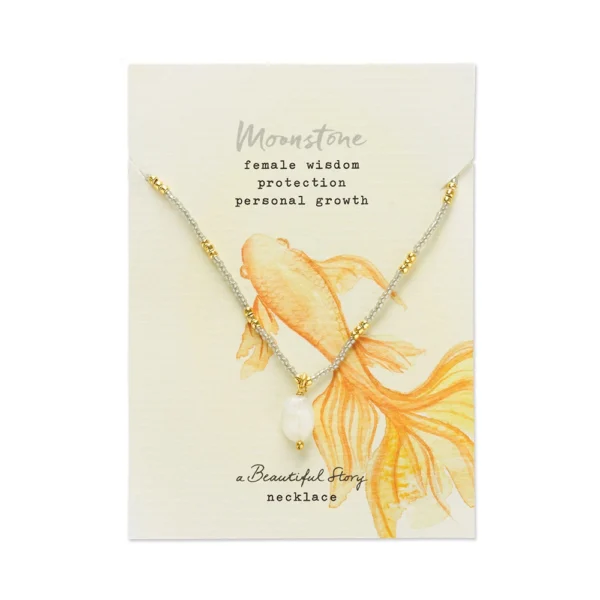Mooie maansteen ketting Wishing van A Beautiful Story met goudkleurige details op mooie giftcard.