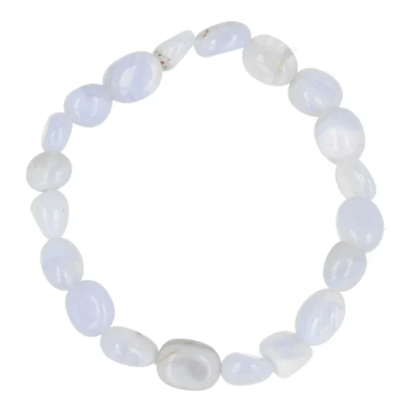 Fraaie blauwe chalcedoon armband met kralen van 8-10mm op rekbaar koord