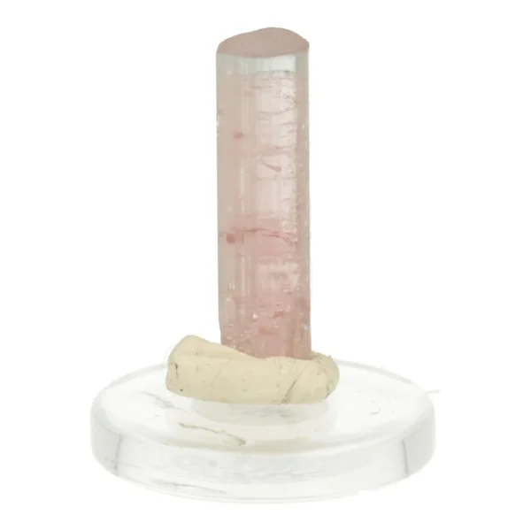 Fraaie roze met blauw toermalijn kristal nr1 op rond doorzichtig voetje