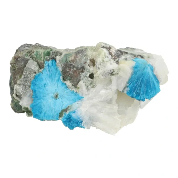 Fraai cluster met felblauwe cavansiet kristallen op matrix met stilbiet (nr.5)