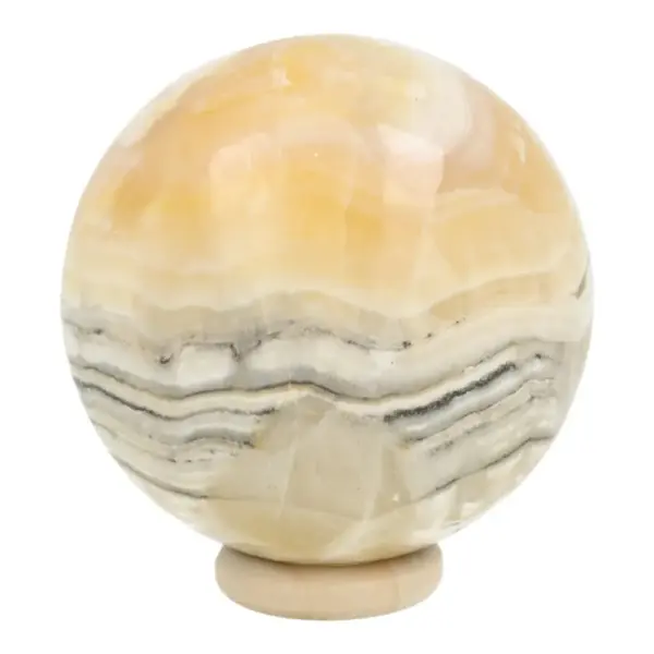 Frisse aragoniet met calciet bol met diameter van 57mm op houten ring