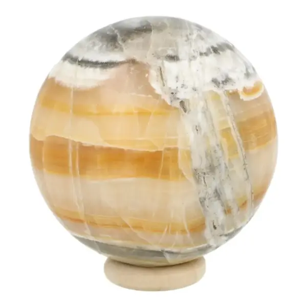Fraaie calciet met aragoniet bol met diameter van 60mm op houten ring