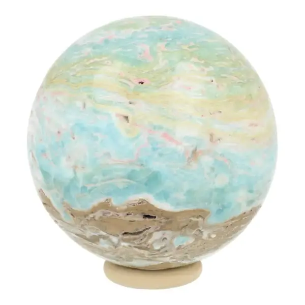 Fraaie carribean blue calciet bol met diameter van 74mm op houten ring