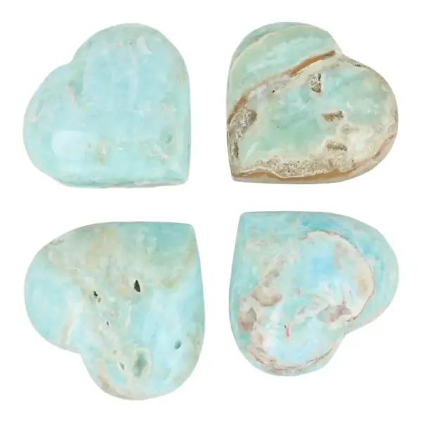Mooie Carribean blue calciet harten van circa 5,5cm breed uit Pakistan met bijzondere kleur en tekening