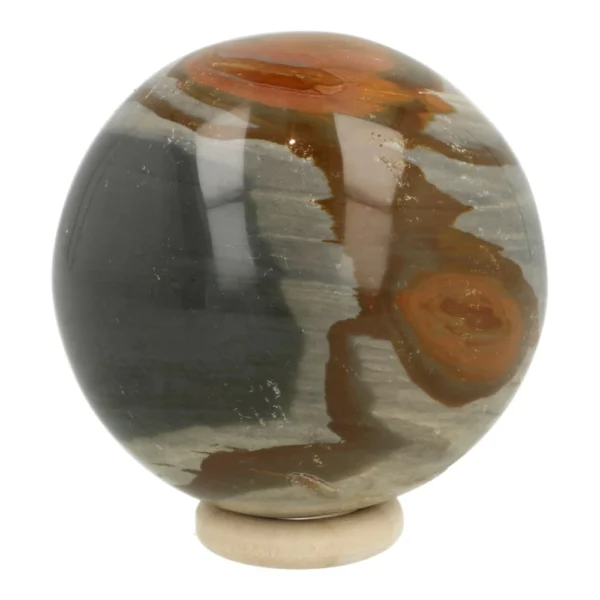Fraaie polychroomjaspis bol met diameter va n57mm op houten ring