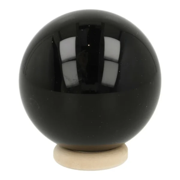 Regenboog obsidiaan bol met diameter van 46mm op houten ring