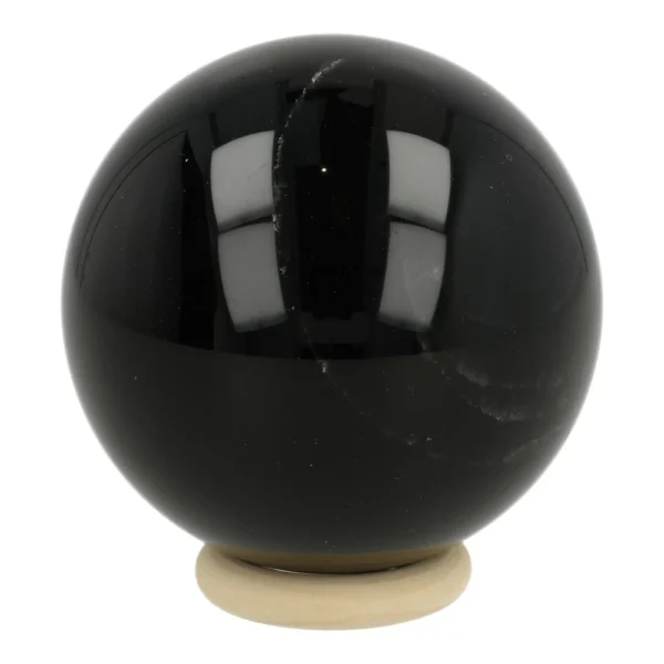 Mooie donkere regenboog obsidiaan bol met diameter van 57mm op houten ring