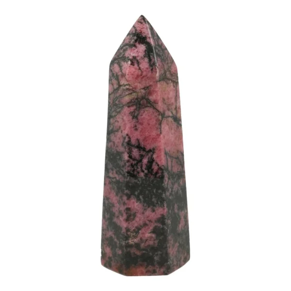 Fraaie zwart met roze rhodoniet toren van 12cm hoog uit Madagaskar