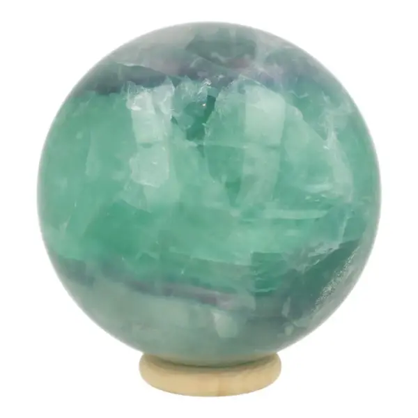 Frisse groen met paarse fluoriet bol van 68mm op houten ring