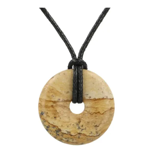 Fraaie landschapsjaspis donut van 3cm met mooie tekening en aan zwart waxkoord
