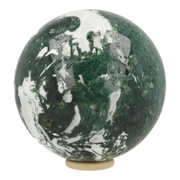 Zeer mooie mosagaat bol met diameter van 15cm op houten ring