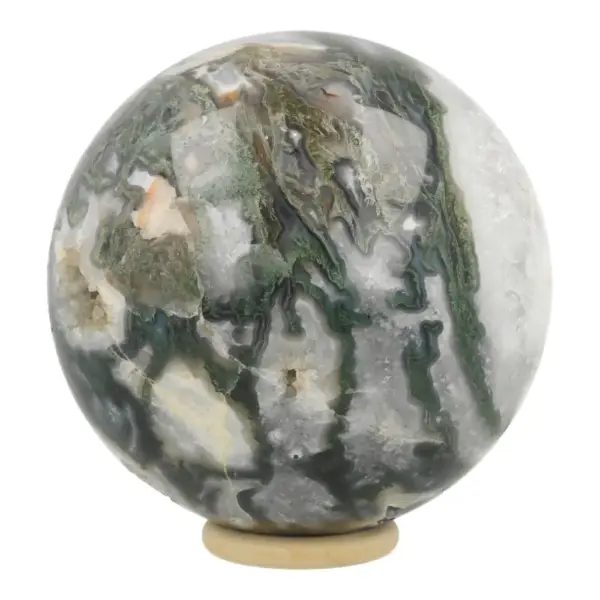 Mooie mosagaat bol met diamater van 12,5cm op houten ring