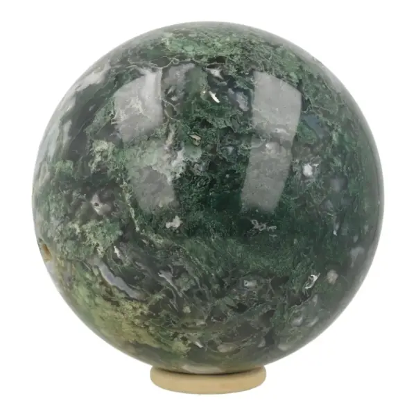 Fraaie groene mosagaat bol met diameter van 14,5cm op houten ring