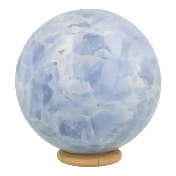 Fraaie blauwe calciet bol van 74mm diameter op houten ring