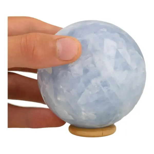 Mooie blauwe calciet bol van 75mm diameter op houten ring