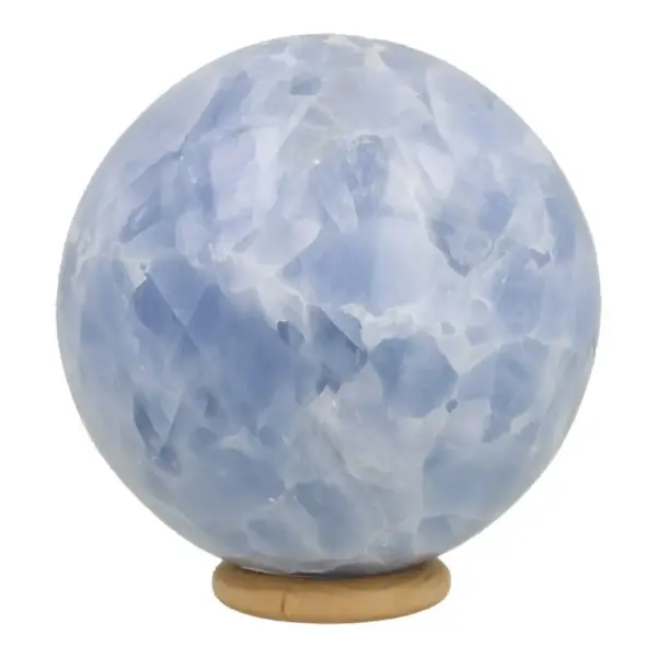 Mooie blauwe calciet bol met diameter van 76mm op houten ring