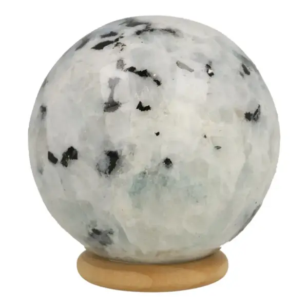 Frisse witte maansteen bol van 55mm op houten ring