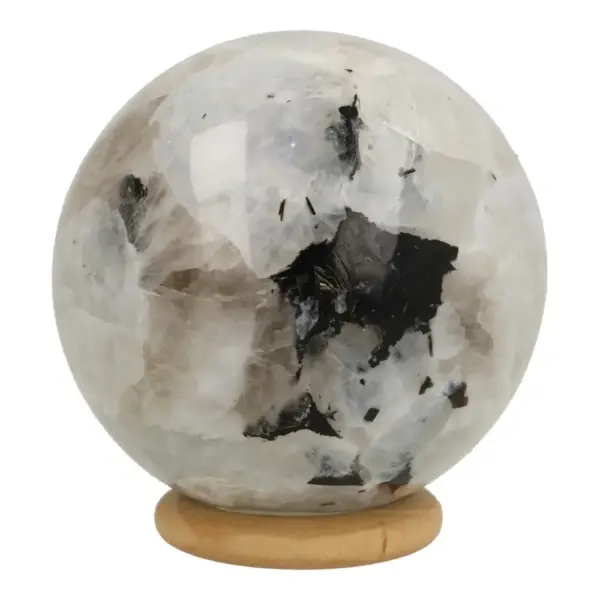 Fraaie witte maansteen bol met diameter van 56mm op houten ring