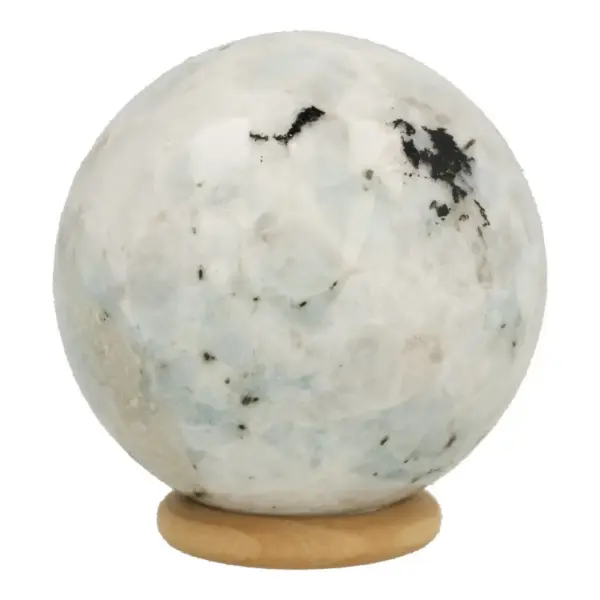 Fraaie witte maansten bol van 57mm diameter (nr.1) uit India op houten ring