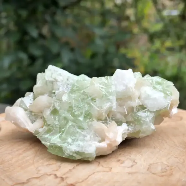 Fraai cluster groene apofyliet met roze stilbiet en scoleciet (nr.2) uit India