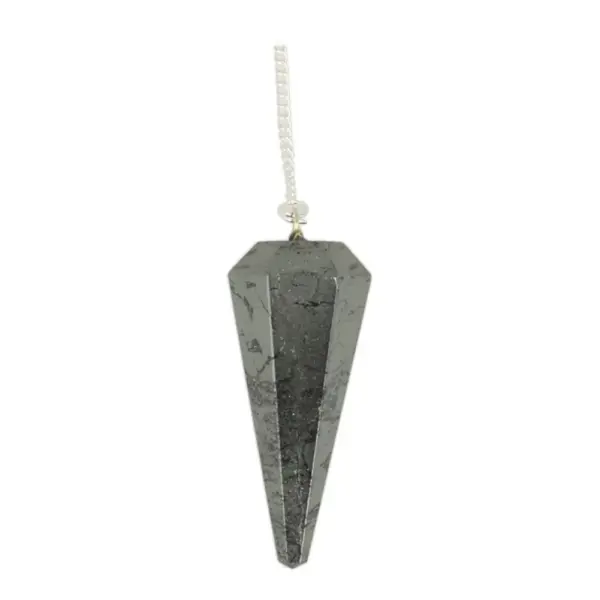 Fraaie grijs glimmende hematiet pendel punt van ongeveer 4cm hoog aan metalen ketting