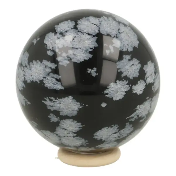 Fraaie sneeuwvlok obsidiaan met diameter van 65mm op houten ring